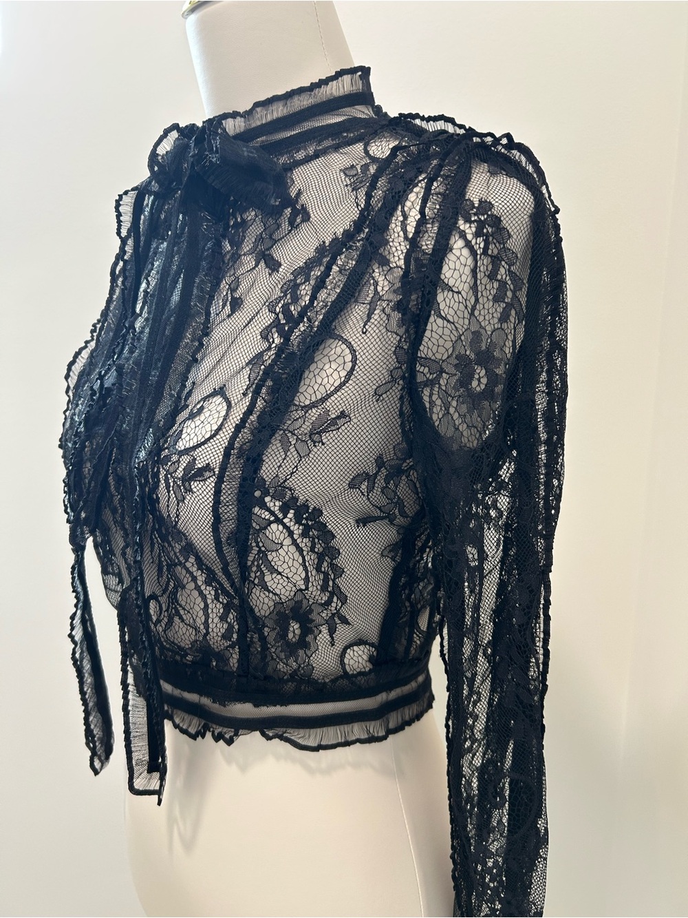 Beulah Black Sheer Lace Tie-Neck Blouse - Picture 7 of 12